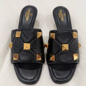 Valentino Black Leather Mules with Gold Studs